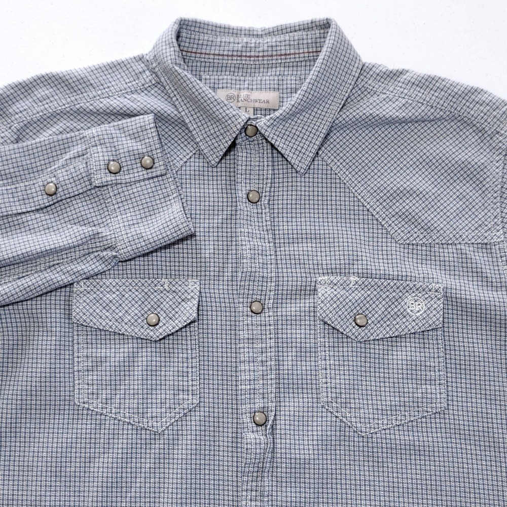 Blue Ranchwear Western Pearl‎ Snap Shirt Large Houndstooth Check Long Sleeve